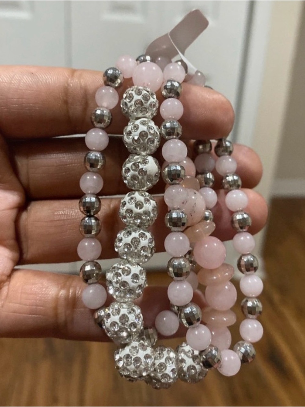 Rose Quartz Rhinestone Healing Stacked Bracelets